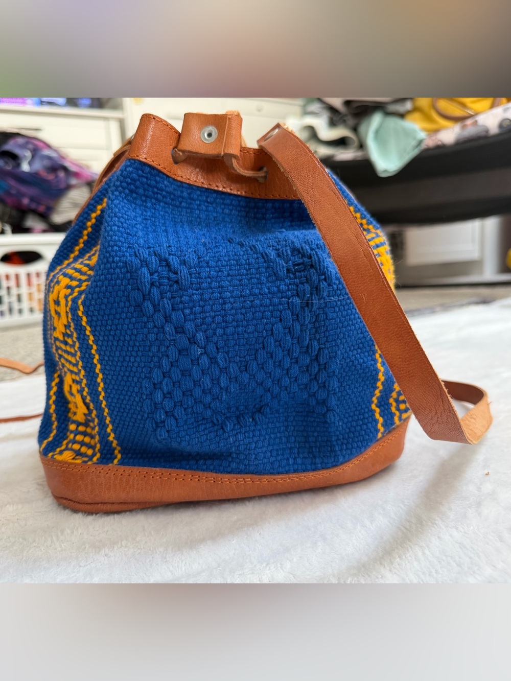 Hand Crafted Blue and Yellow Shoulder Bucket Bag with Brown Trim